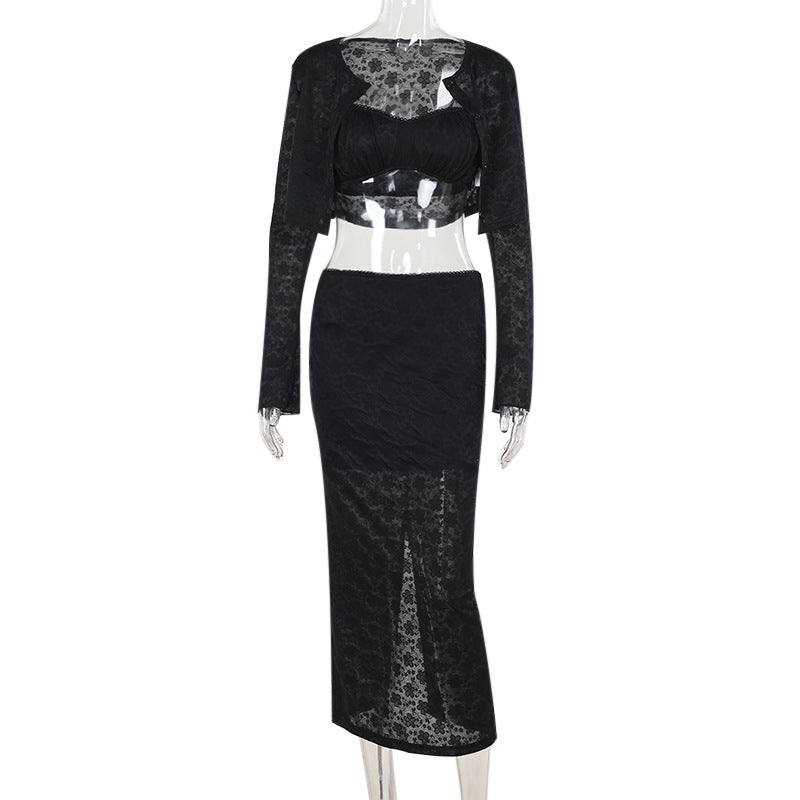 Sexy Slim Lace Three-Piece Set Black