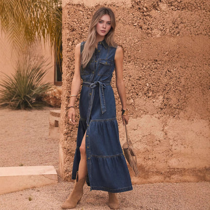 Sleeveless Faux Denim Shirt Dress with Tiered Skirt and Slit