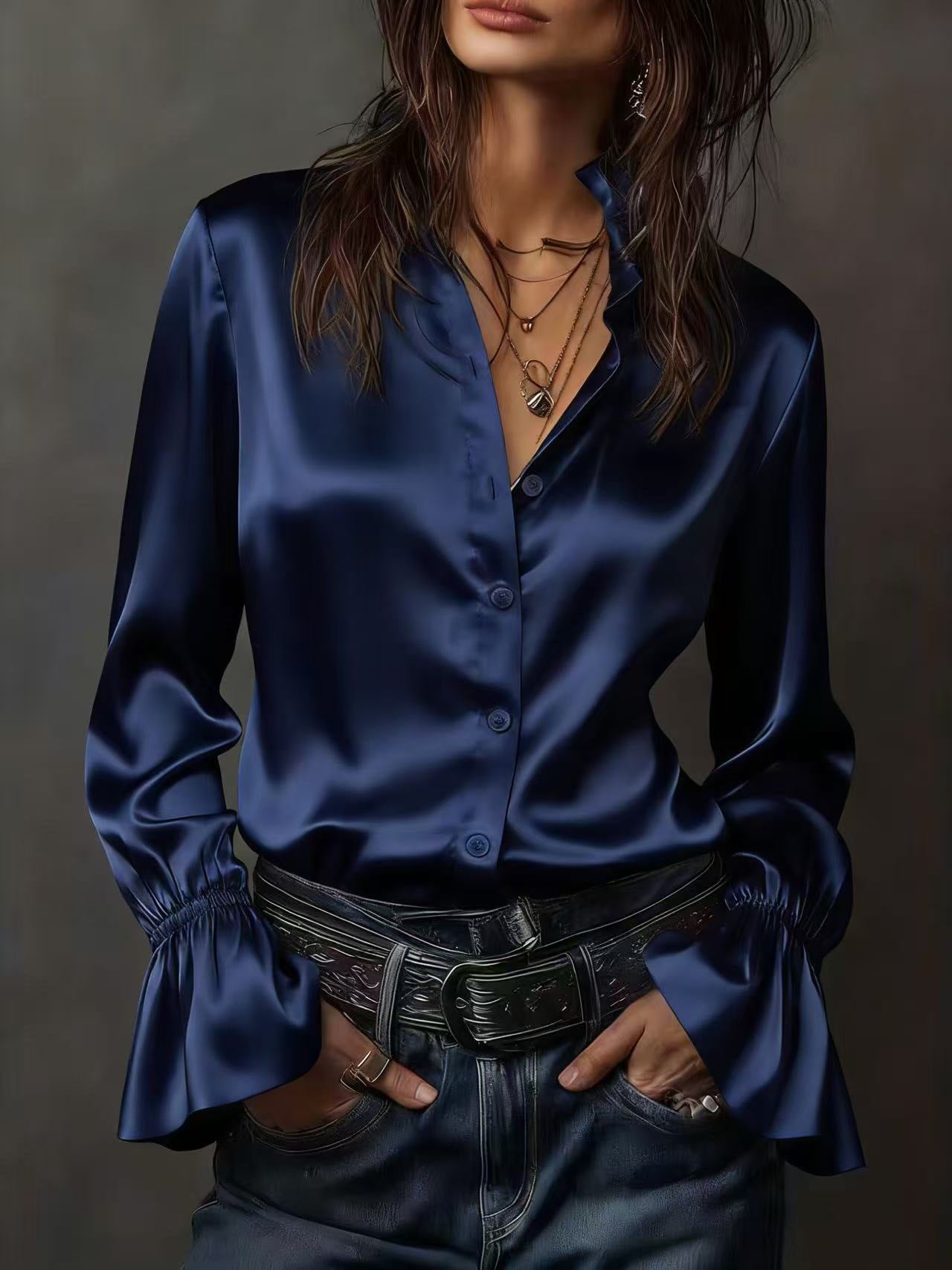 Solid Satin Blouse with Ruffle Collar and Flared Sleeves