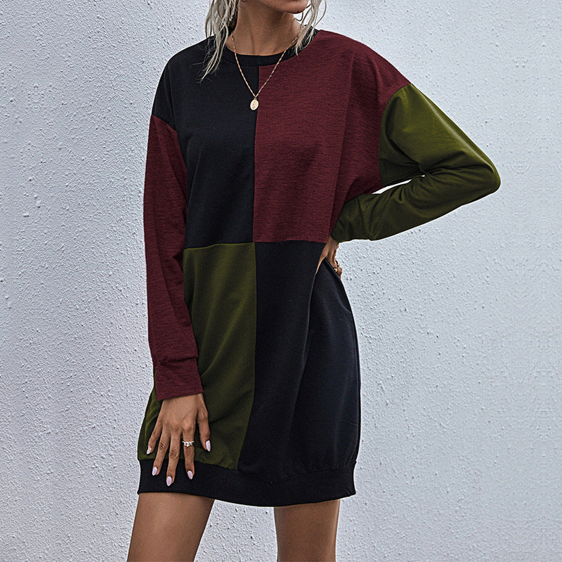 Oversized Color-Block Mini Dress with Long Sleeves