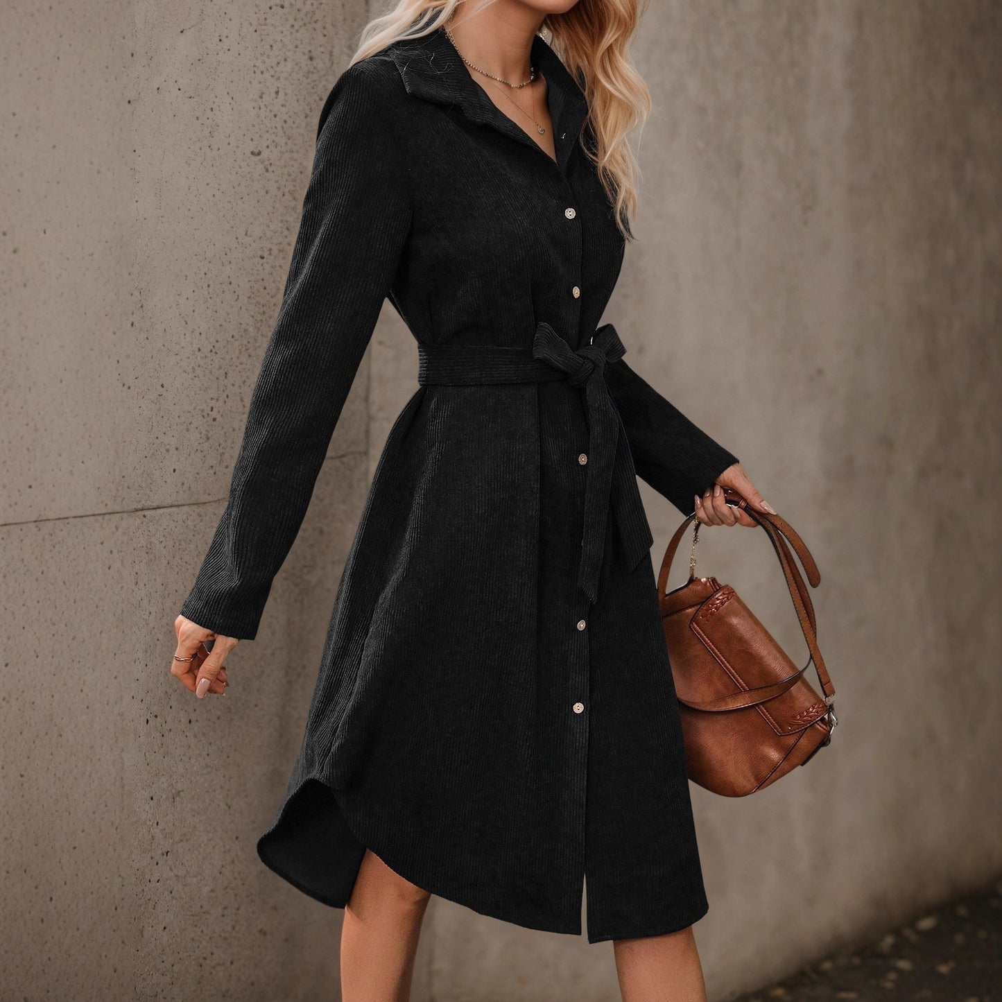 Corduroy Shirt Dress with Belted Waist and High-Low Hem