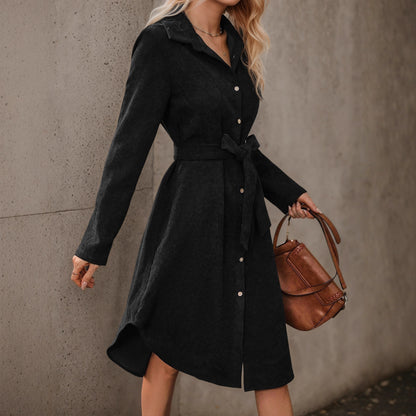 Corduroy Shirt Dress with Belted Waist and High-Low Hem