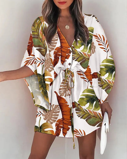 Printed Mini Dress with Bat Sleeves and Drawstring Waist