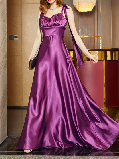 Satin Maxi Dress with Tie-Shoulder Straps and Ruched Bust
