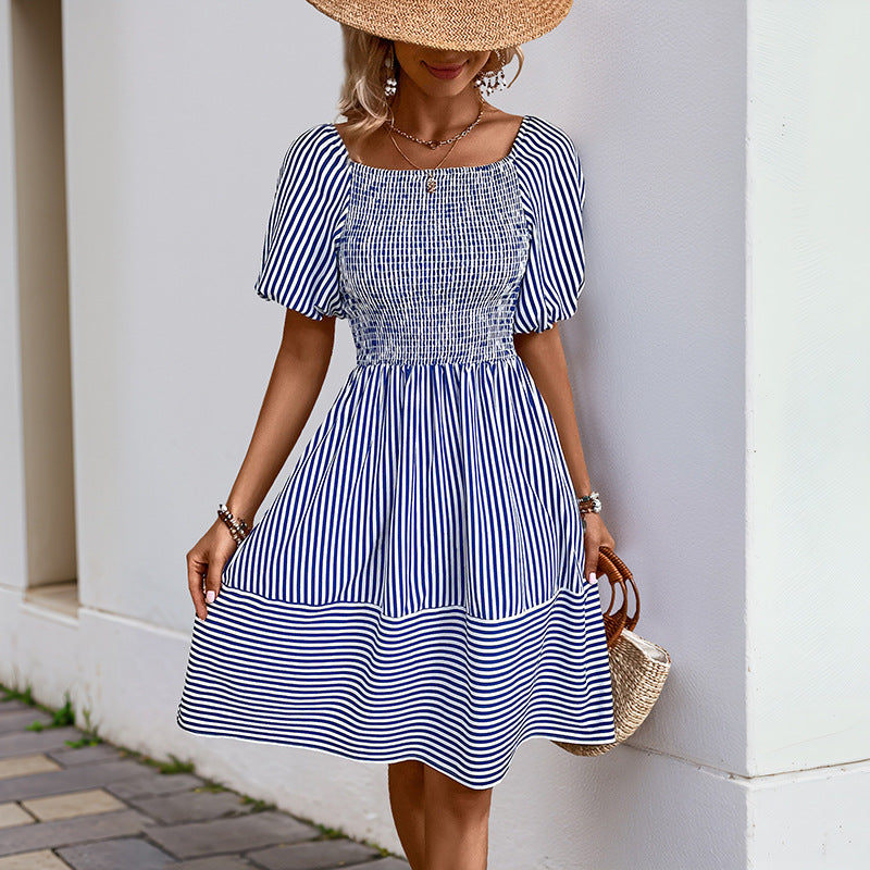 Striped A-Line Dress with Shirred Bodice and Puff Sleeves