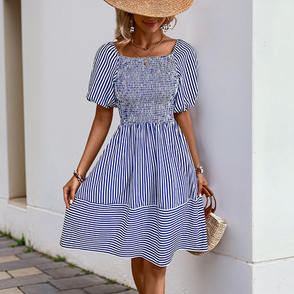 Striped A-Line Dress with Shirred Bodice and Puff Sleeves