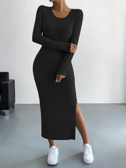 Long Sleeve Ribbed Knit Maxi Dress with Side Slit