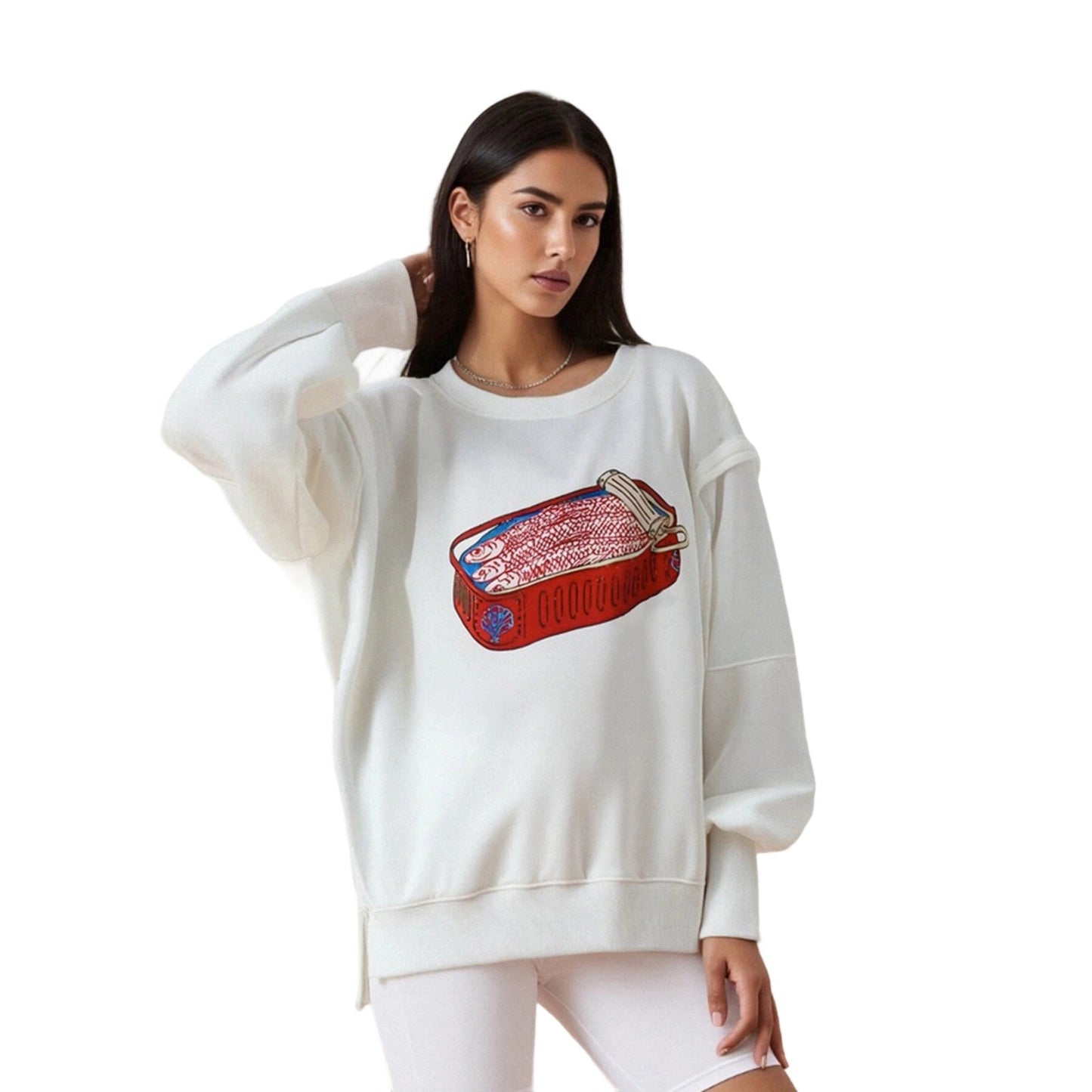 Loose Fit Graphic Pullover Sweatshirt with Balloon Sleeves