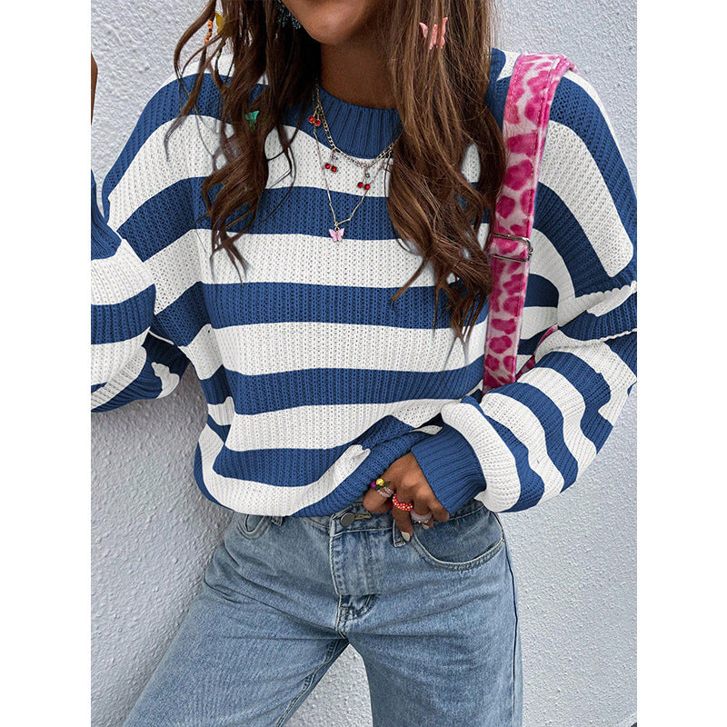 Oversized Striped Knit Sweater with Crewneck