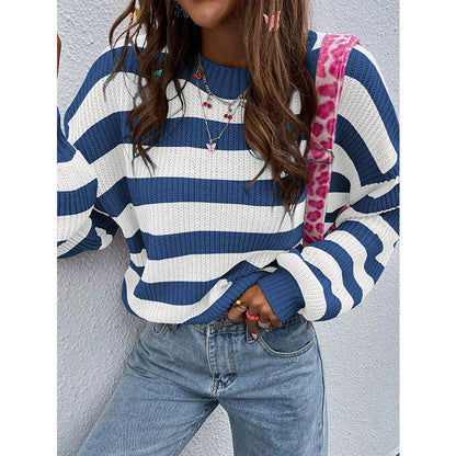 Oversized Striped Knit Sweater with Crewneck