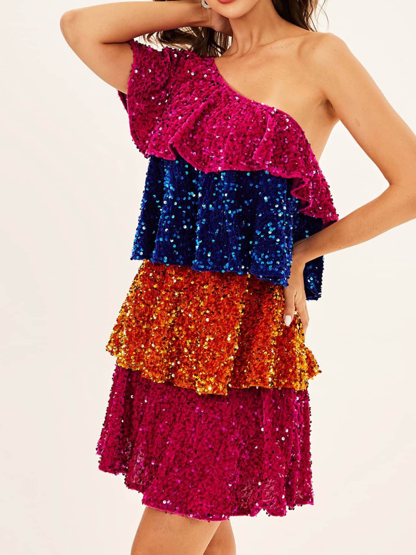 Color Block Sequin Mini Dress with One-Shoulder Ruffle