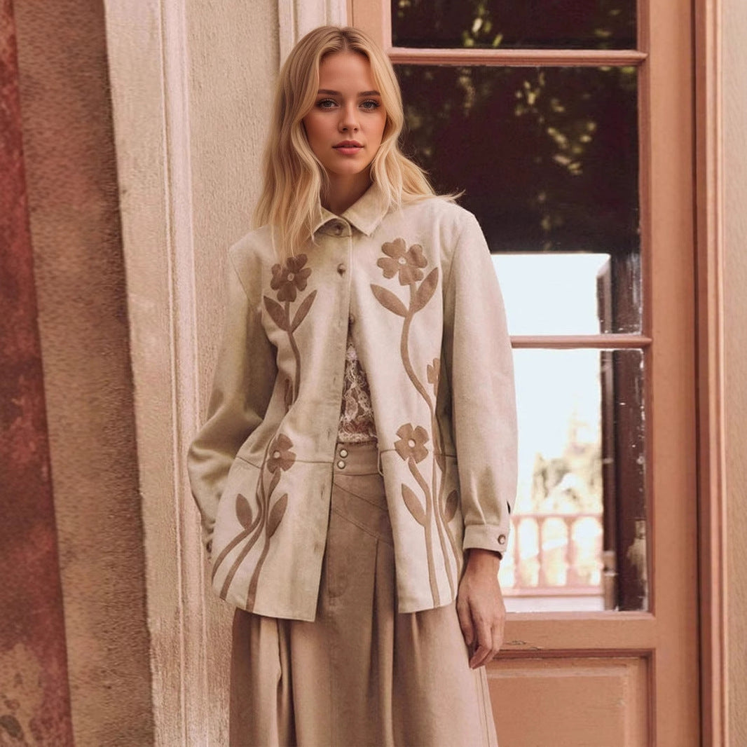 Suede-Look Floral Applique Overshirt with Lapel