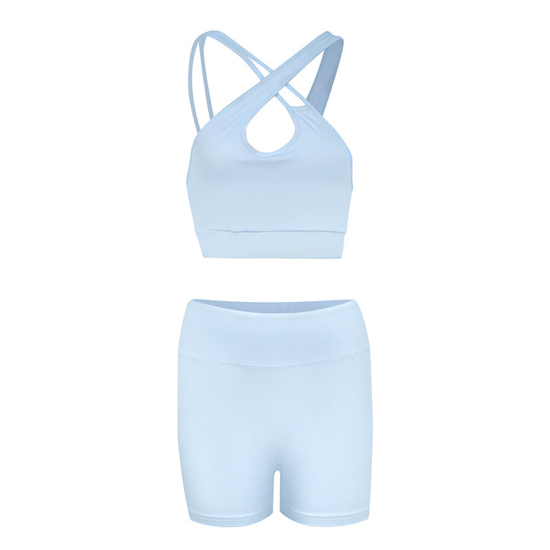 Solid Sky Blue Yoga Set with Asymmetric Straps and High-Waist Shorts
