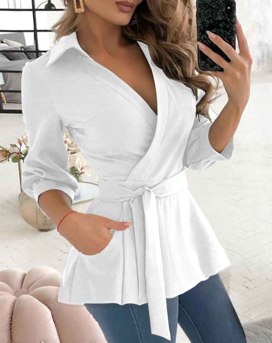 Wrap Peplum Blouse with V-Neck and Self-Tie Belt
