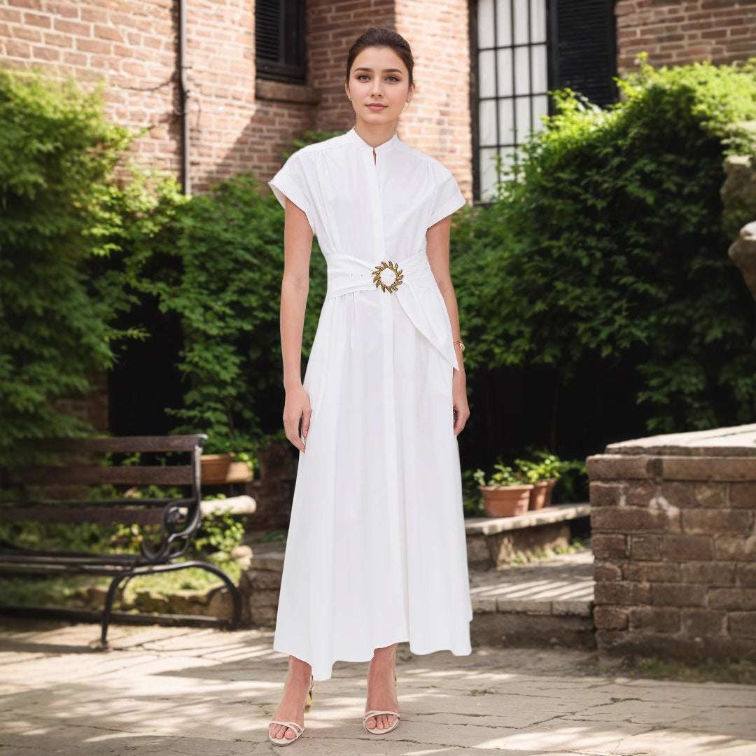 Solid A-Line Midi Dress with Mandarin Collar and Metal Belt