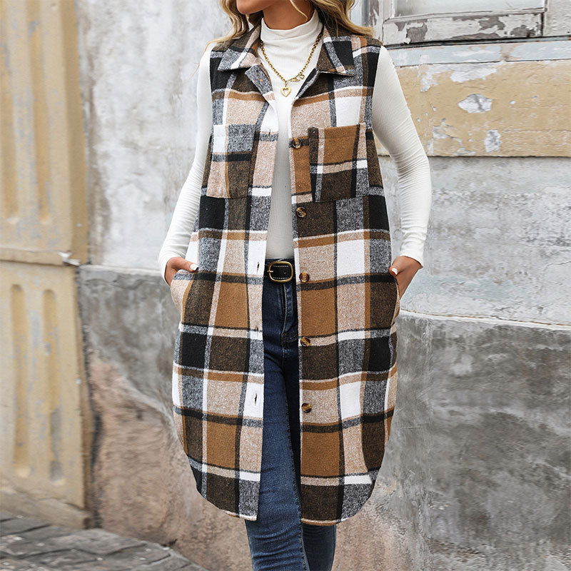 Plaid Longline Vest with Lapel Collar and Button Front