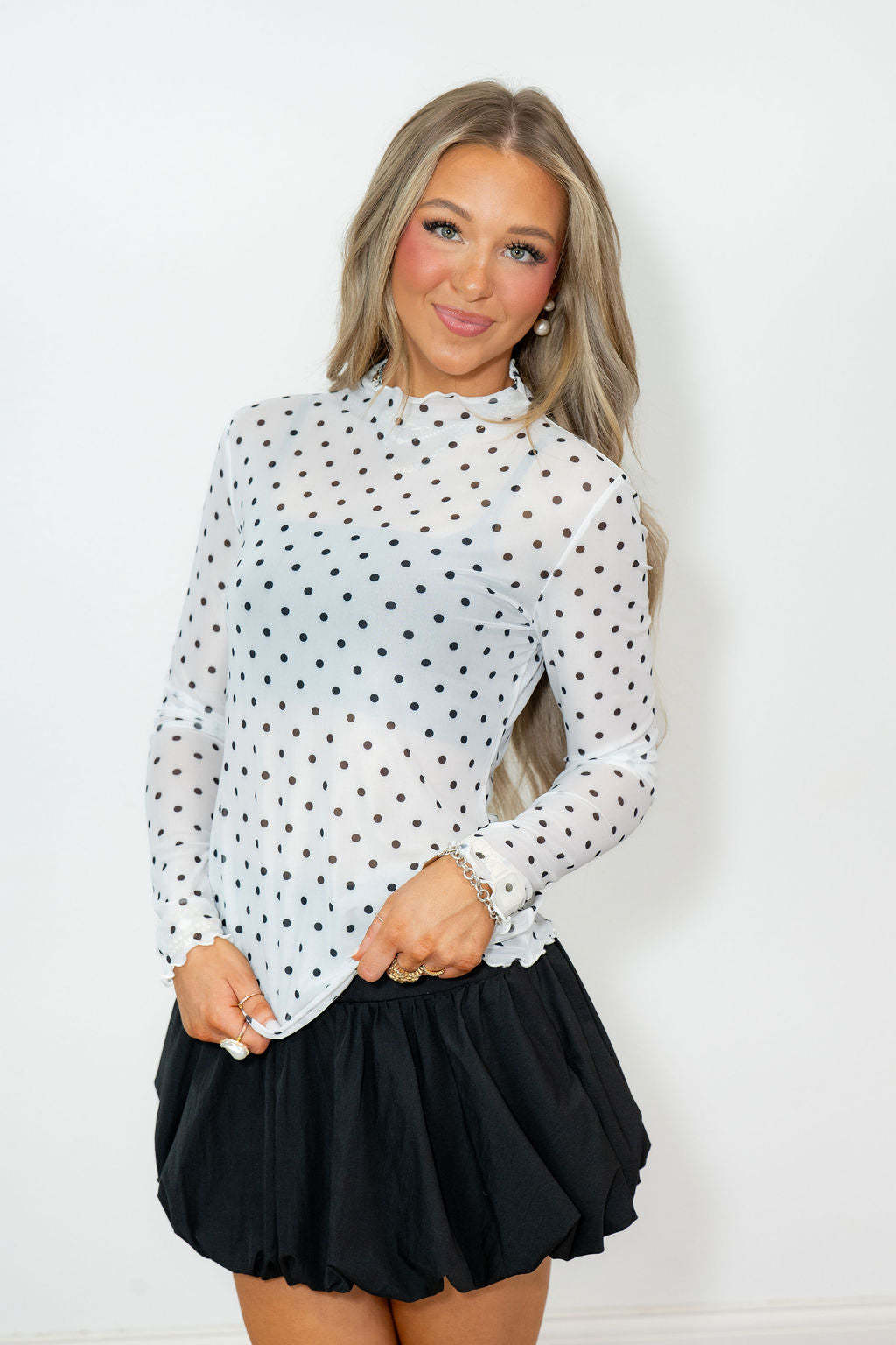 Polka Dot Mesh Top with Mock Neck and Lettuce Edge