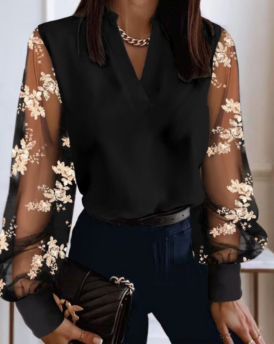 V-Neck Blouse with Embellished Sheer Sleeves