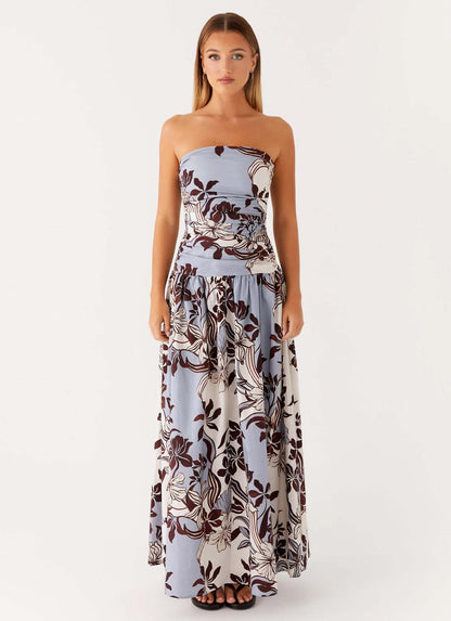 Floral Print Strapless A-Line Maxi Dress with Ruched Detail