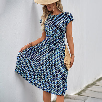 Geometric Print A-Line Midi Dress with Tie Waist