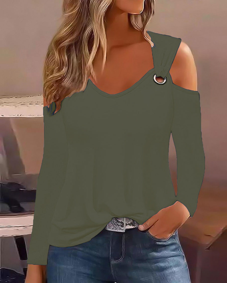 Printed Cold Shoulder Top with V-Neck and Metal Ring