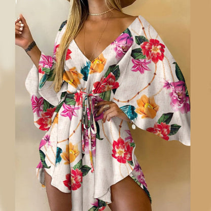 Printed Dress with Batwing Sleeves and Tie-Waist