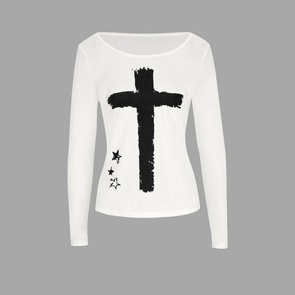Slim Fit Long Sleeve Top with Cross and Star Print