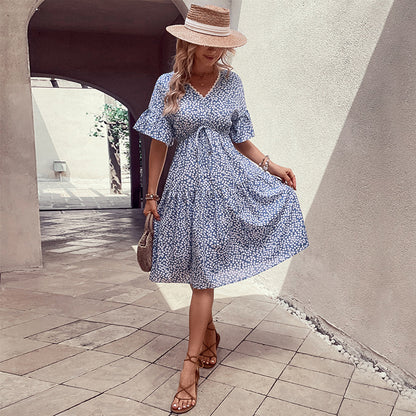 Ditsy Floral Tiered Midi Dress with V-Neck and Drawstring Waist