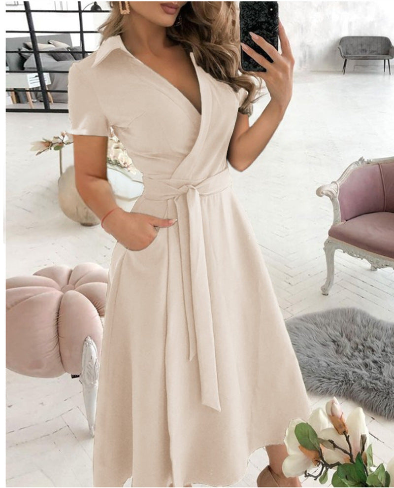 Solid Wrap Midi Dress with Collared V-Neck and Tie-Waist
