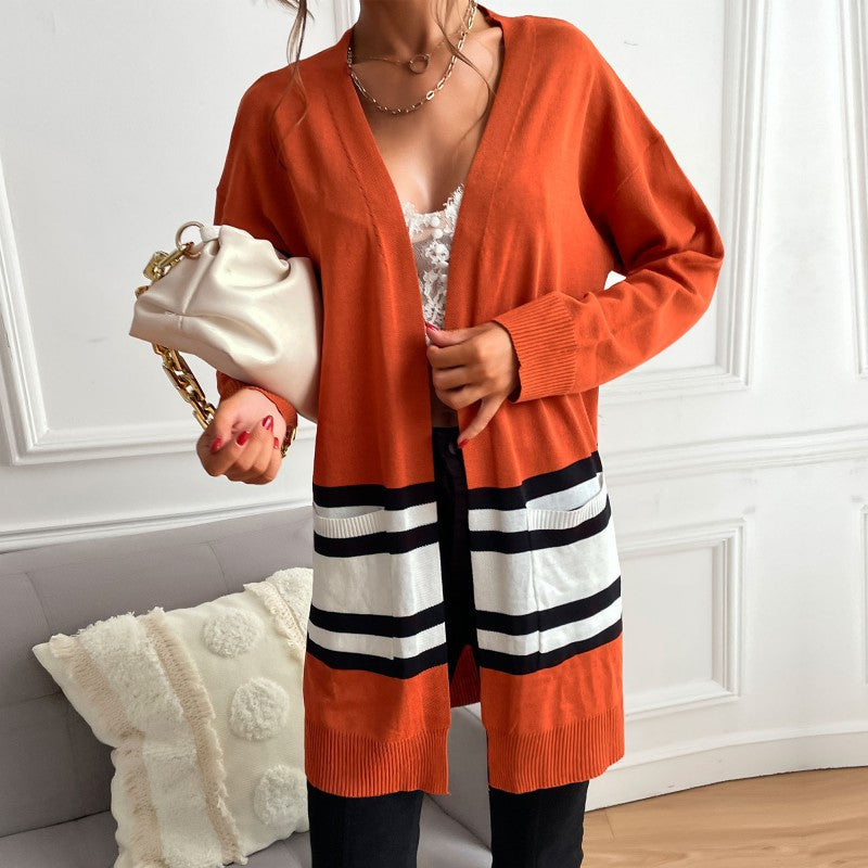 Color-Blocked Long Open Front Cardigan with Striped Hem