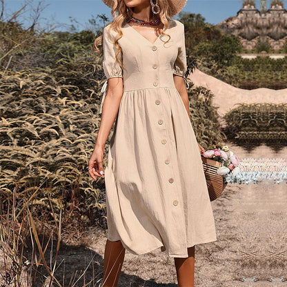 Solid Color A-Line Midi Dress with V-Neck, Button Front, and Tie Sleeves