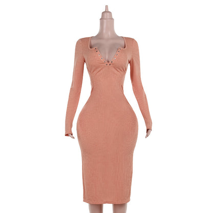 Ribbed Knit Bodycon Midi Dress with Snap Button V-Neck