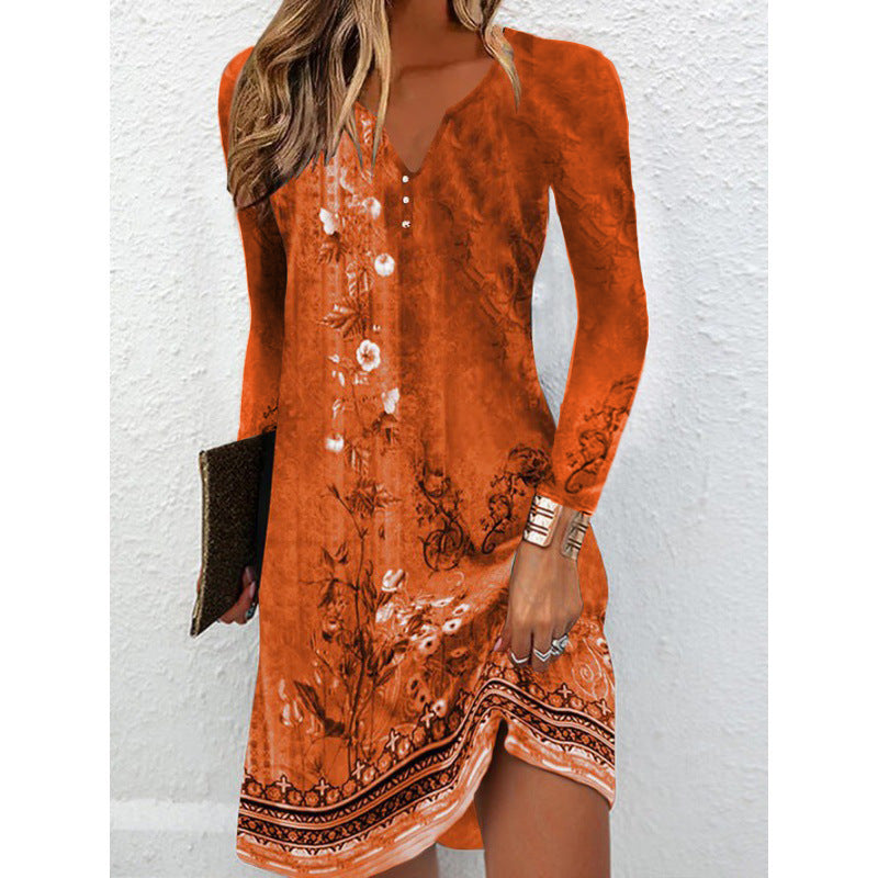 Mixed Floral Print Shift Dress with V-Neck Buttons