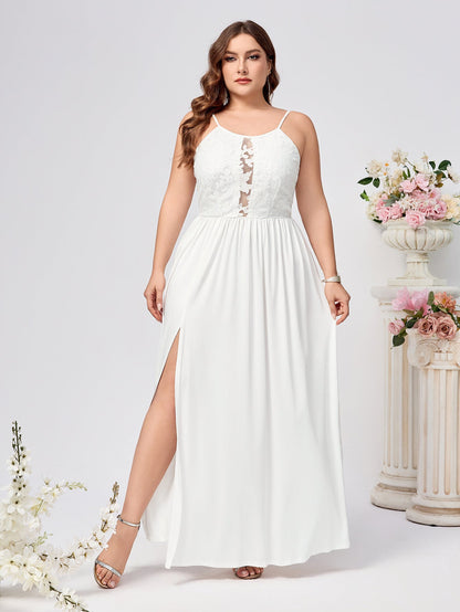 A-Line Maxi Dress with Lace Bodice and High Slit