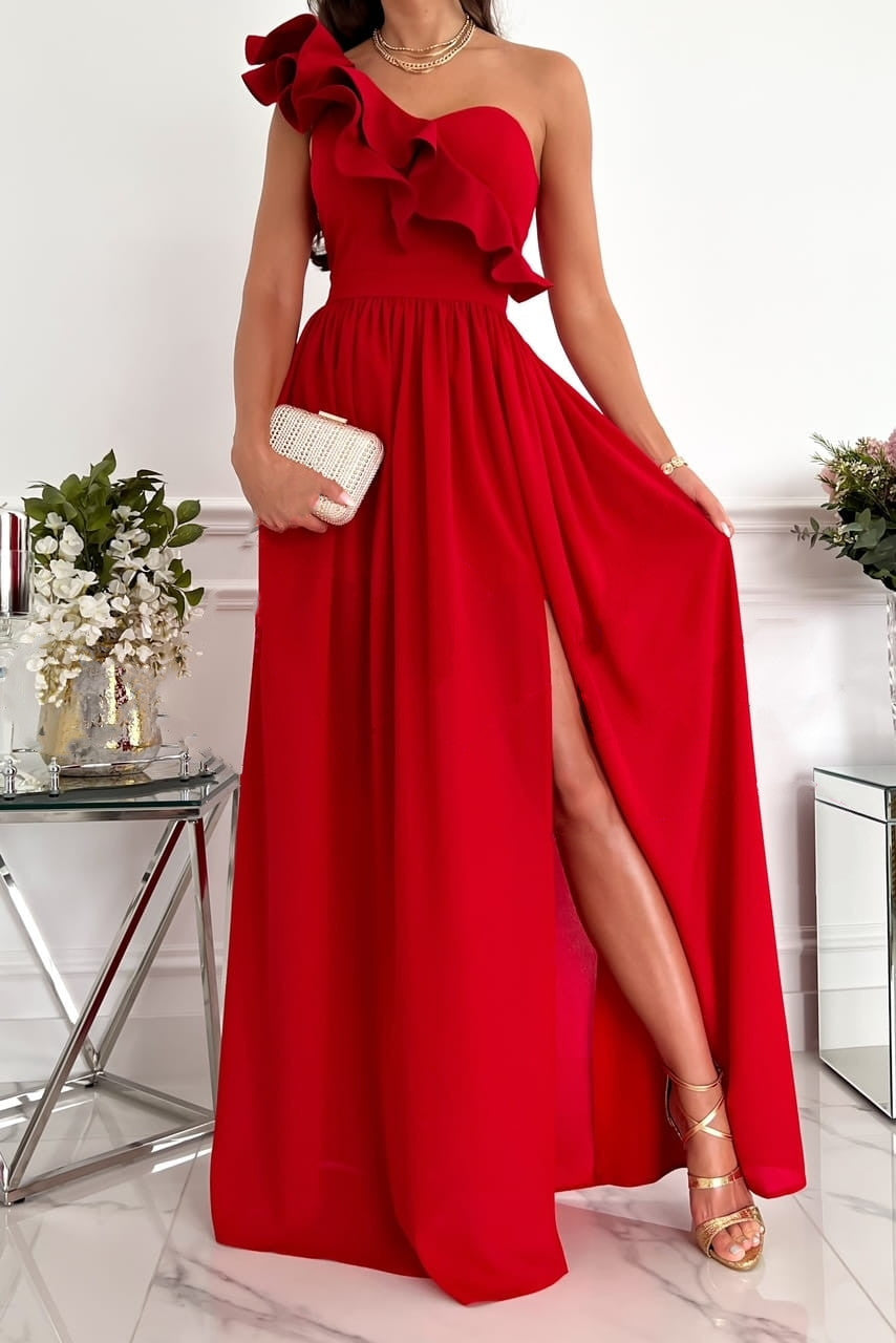 Maxi Dress with One-Shoulder Ruffle and High Slit
