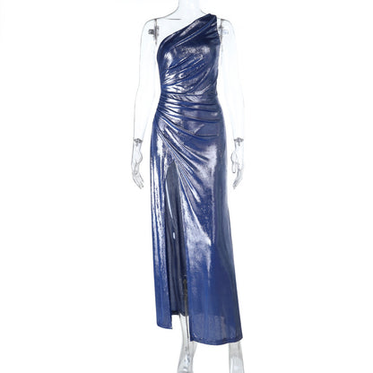 Shimmering Bodycon Maxi Dress with One-Shoulder and High Slit