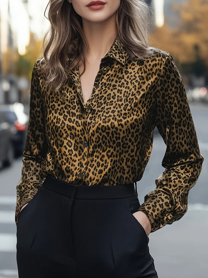 Leopard Print Satin Blouse with Lapel Collar