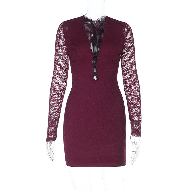Bodycon Lace Mini Dress with Deep V-Neck and Long Sleeves