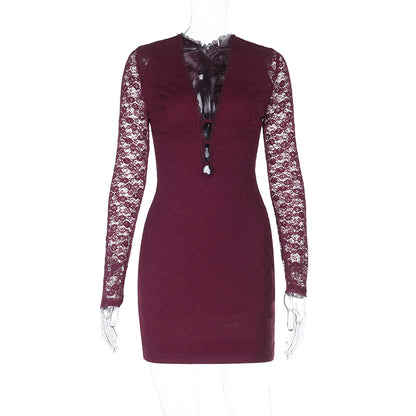 Bodycon Lace Mini Dress with Deep V-Neck and Long Sleeves