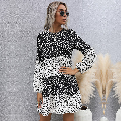 Black & White Dot Print Tiered Mini Dress with Long Sleeves