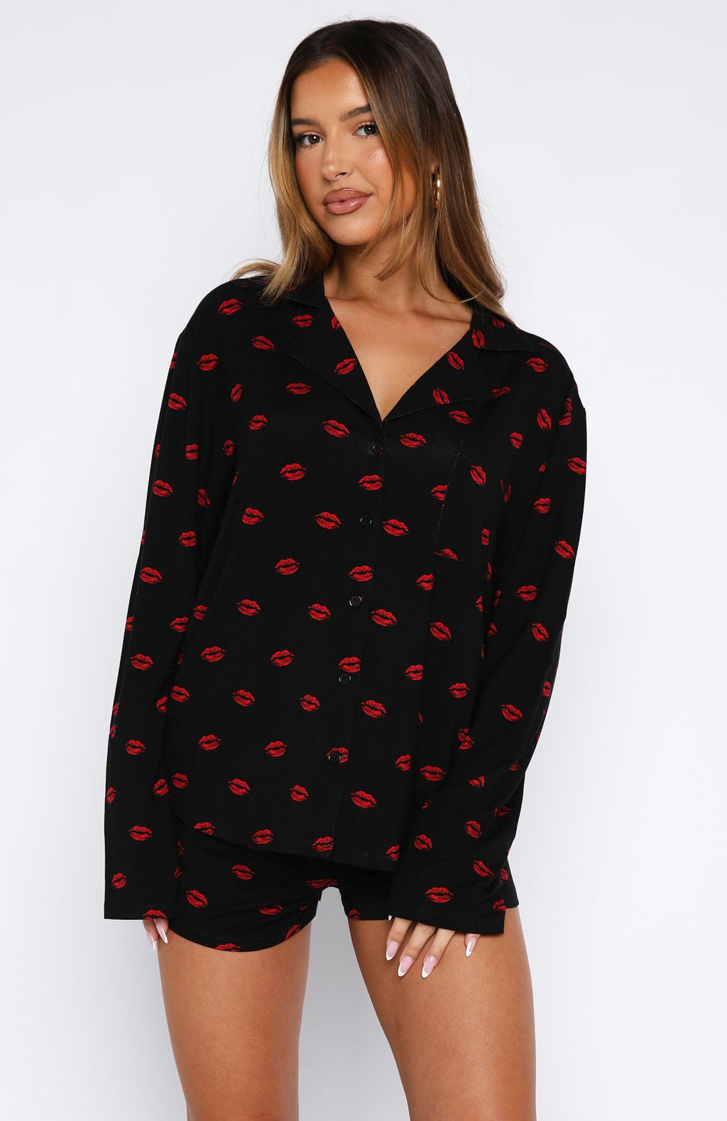 Long Sleeve Pajama Set with Notched Collar and Shorts