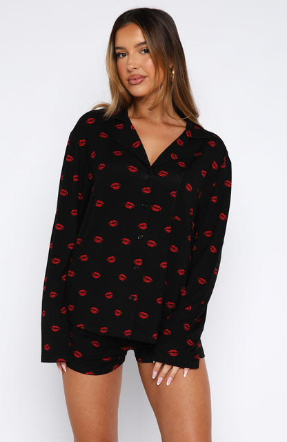 Long Sleeve Pajama Set with Notched Collar and Shorts