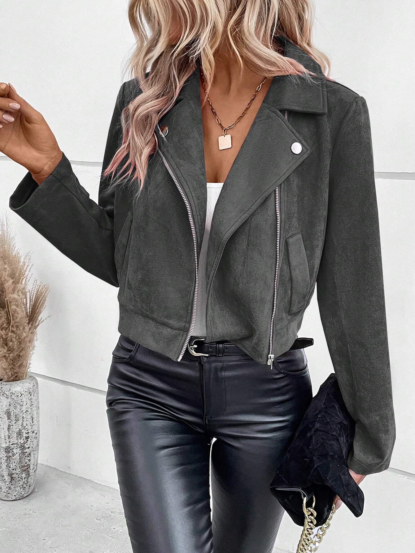 Cropped Suede Moto Jacket with Zipper Front