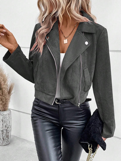 Cropped Suede Moto Jacket with Zipper Front