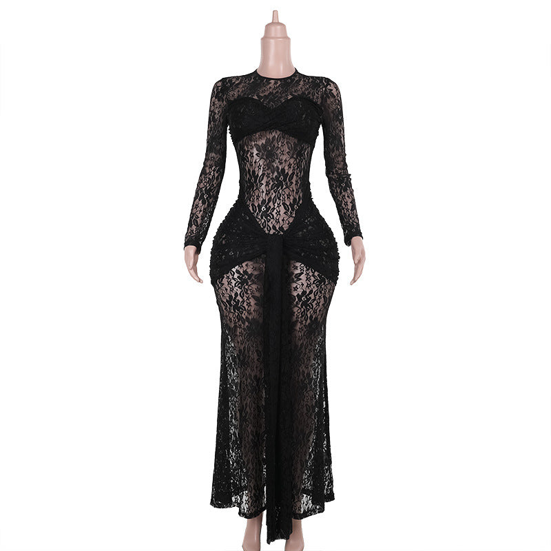 Floral Lace Bodycon Maxi Dress with Draped Front Detail