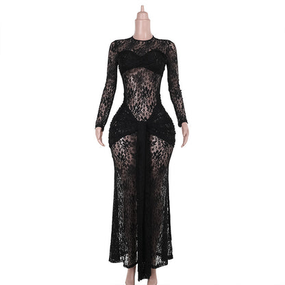 Floral Lace Bodycon Maxi Dress with Draped Front Detail