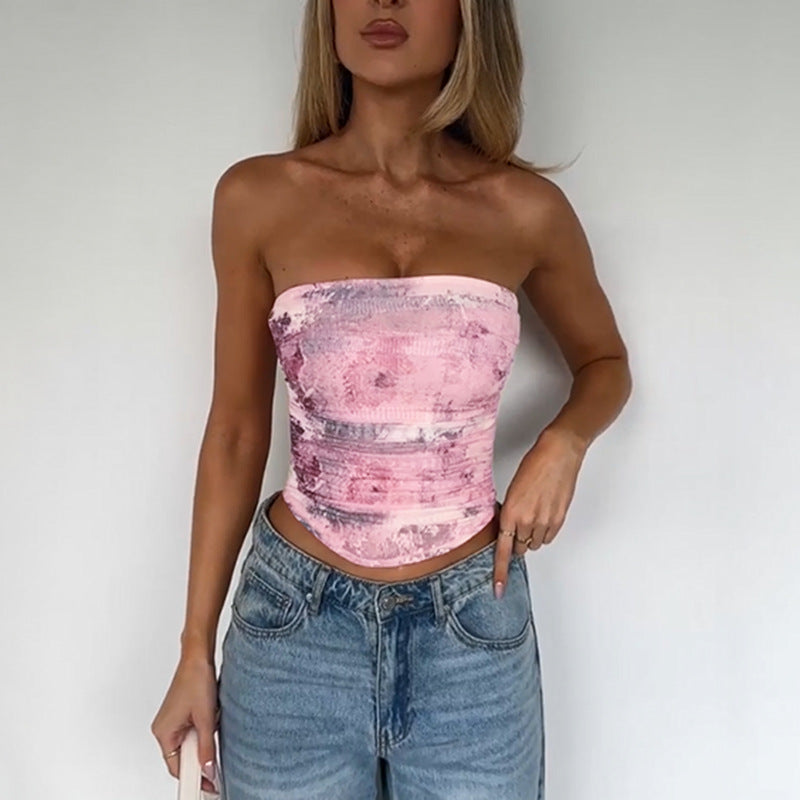 Floral Print Ruched Tube Top with Curved Hem