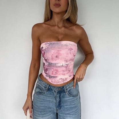 Floral Print Ruched Tube Top with Curved Hem