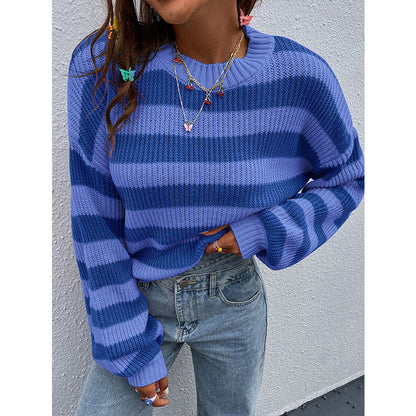 Oversized Striped Knit Sweater with Crewneck