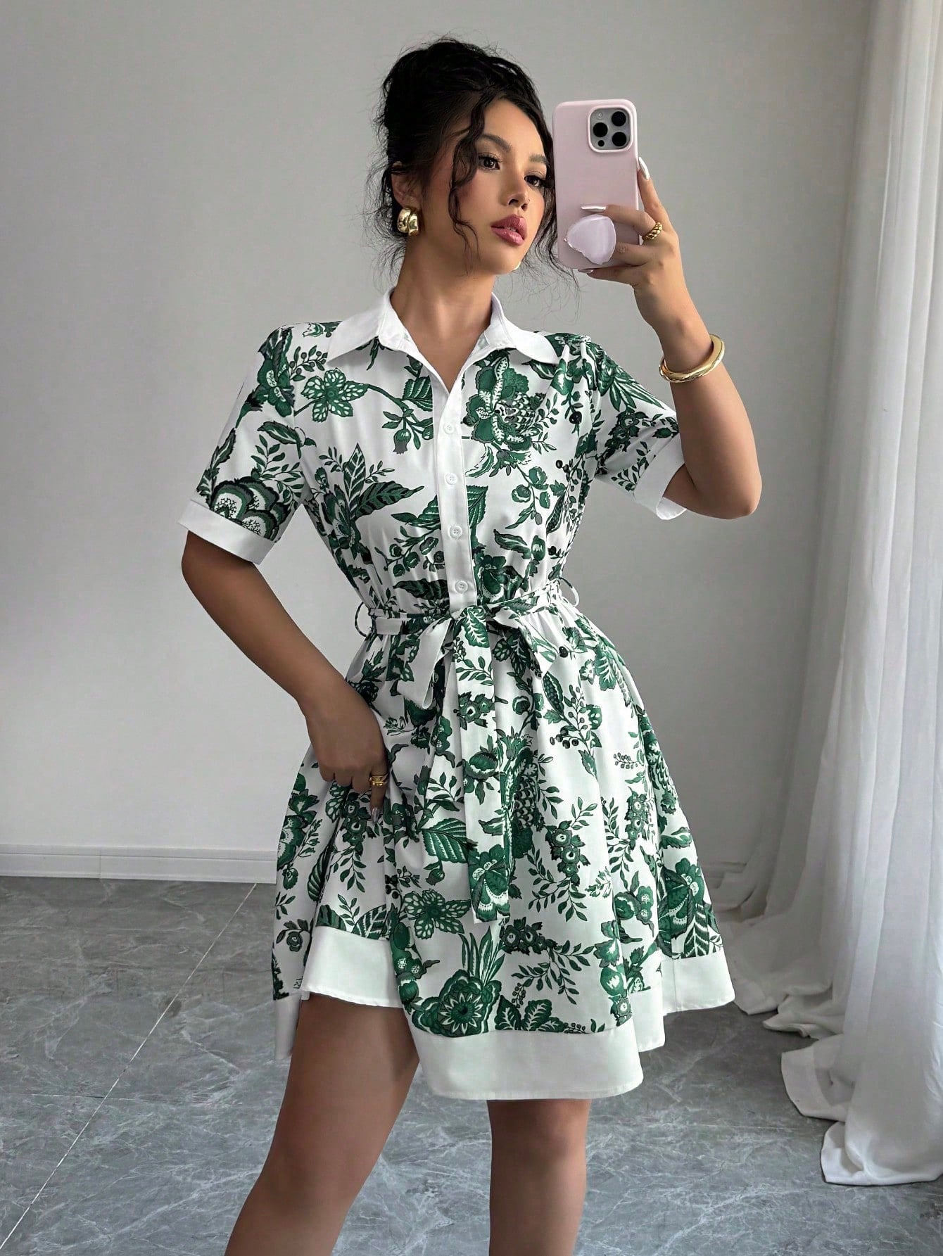 A-Line Floral Print Dress with Shirt Collar and Tie Waist